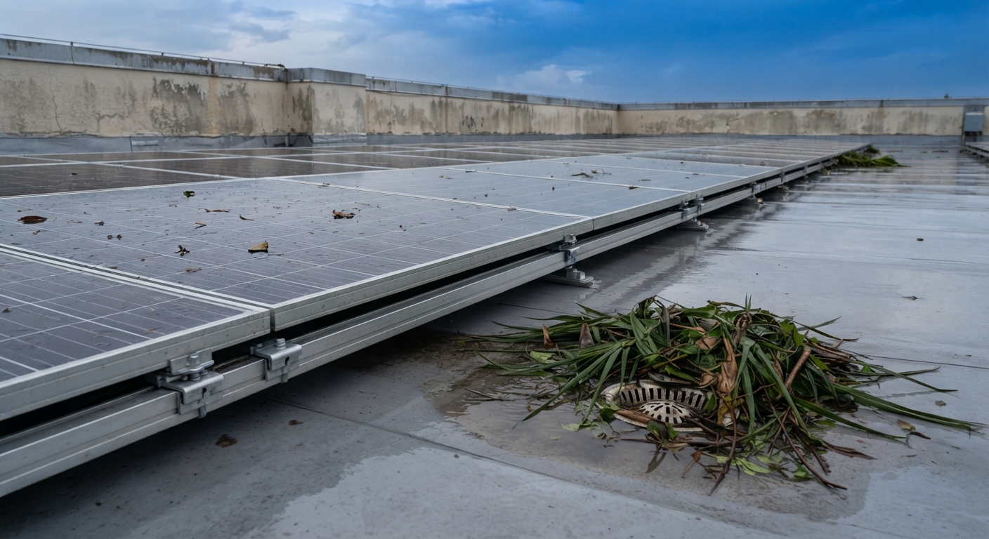 Palm fronds and storm debris lodged beneath a commercial rooftop solar array beside a roof drain after a Florida storm