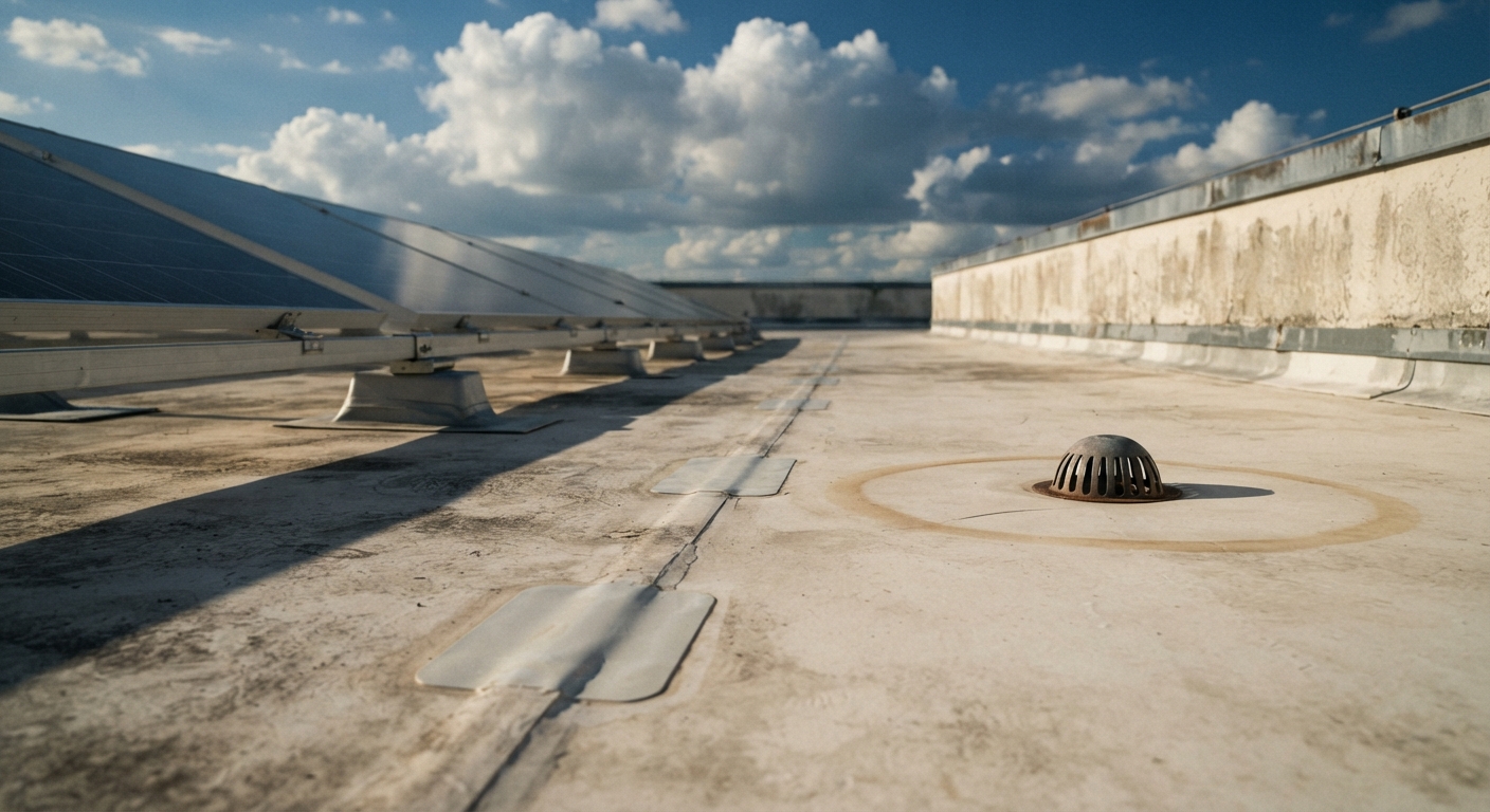 Weathered single-ply roof membrane with patched seams and faint ponding stains beside aluminum solar racking rails on a Florida commercial roof