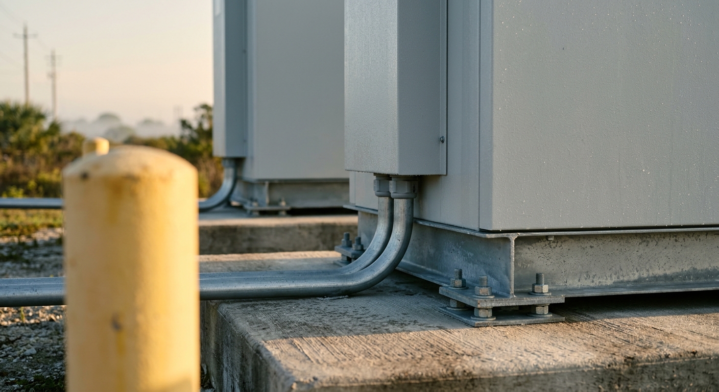 Base of an outdoor battery energy storage enclosure anchored to a concrete pad, with sealed conduit entry, spacing to the next unit, and a protective steel bollard