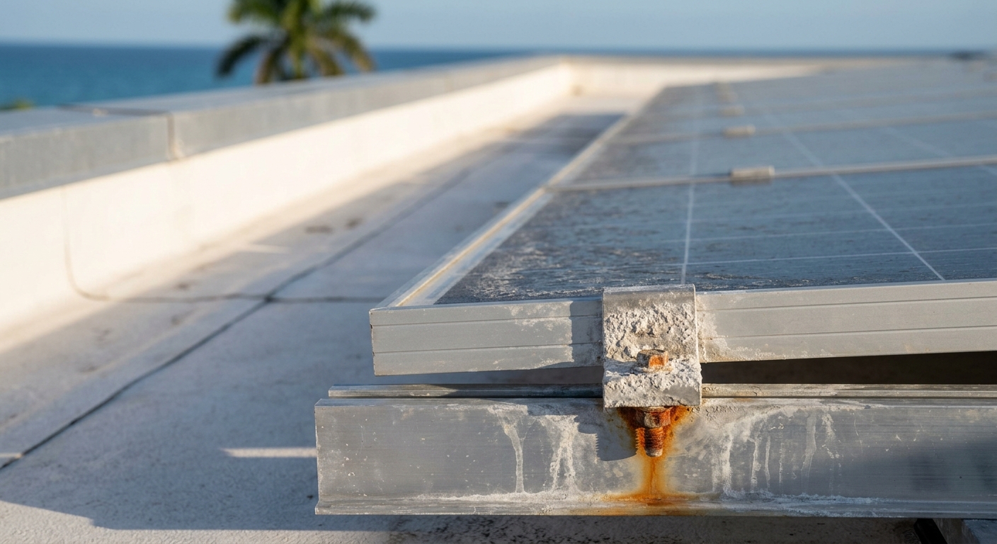 Salt-air corrosion on a top-down module clamp and rail at the edge of a coastal Caribbean rooftop solar array.