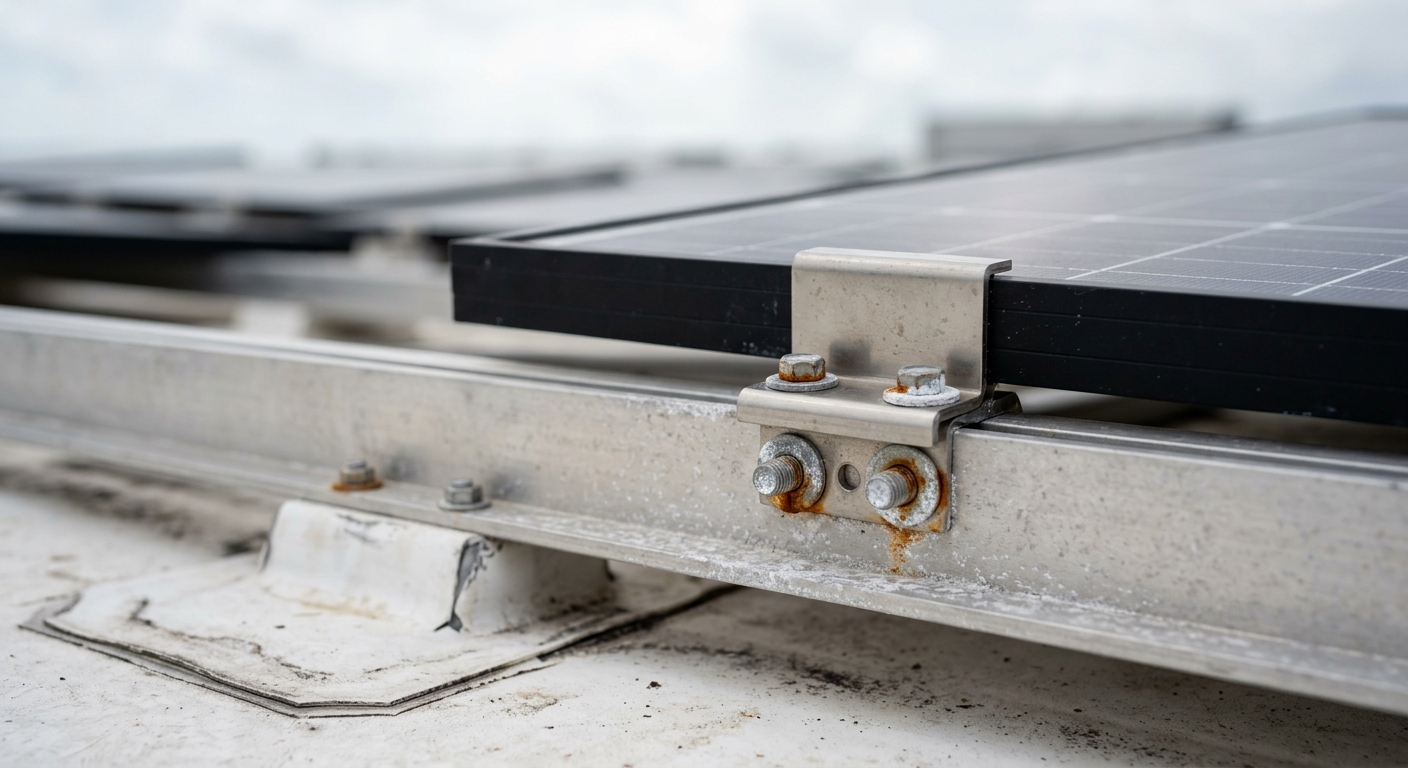 Close view of corrosion on coastal solar racking hardware and clamp bolts on a Florida commercial rooftop array, a condition insurers ask owners to inspect and record