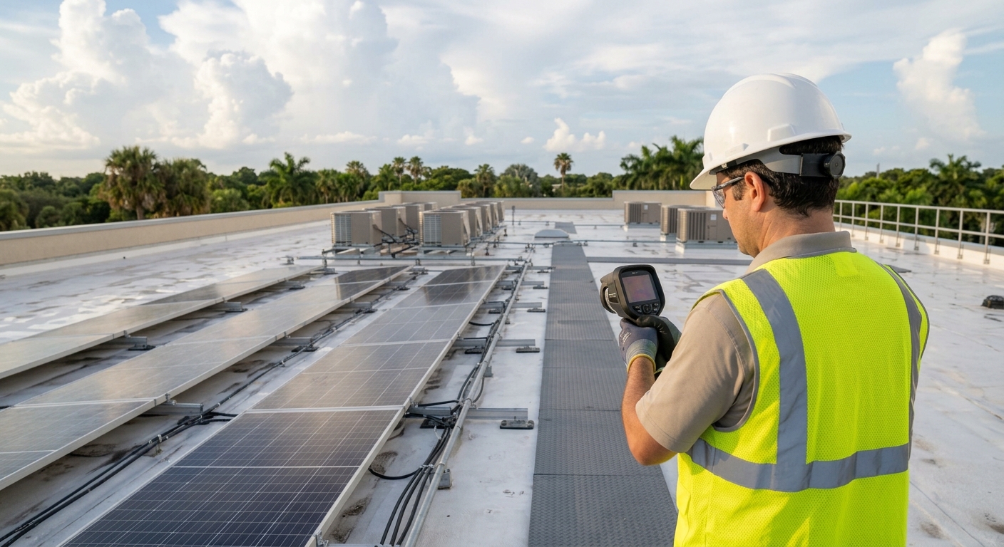 Technician with a handheld thermal camera inspecting rooftop solar modules beside refrigeration condensing units on a Florida cold storage roof