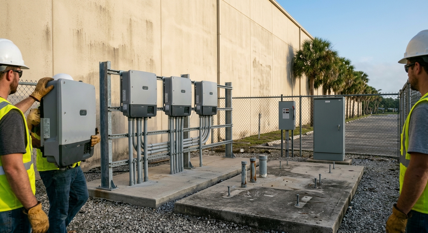 Electricians mounting new string inverters on a steel equipment rack beside a ground-level electrical yard during a commercial PV inverter upgrade at a Florida warehouse