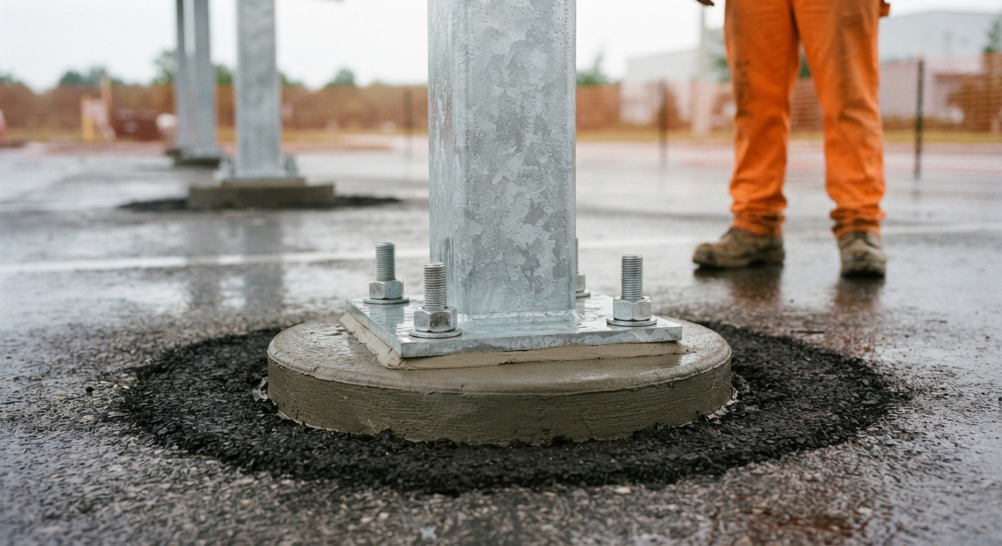 Galvanized steel base plate and anchor bolts on a concrete pier foundation for a commercial solar carport column in a Florida parking lot