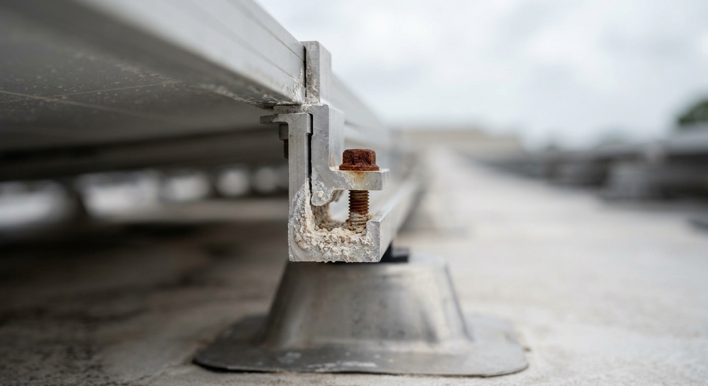 Corrosion forming on racking bolts and a module clamp of a coastal Florida rooftop array, a condition flagged during commercial solar maintenance