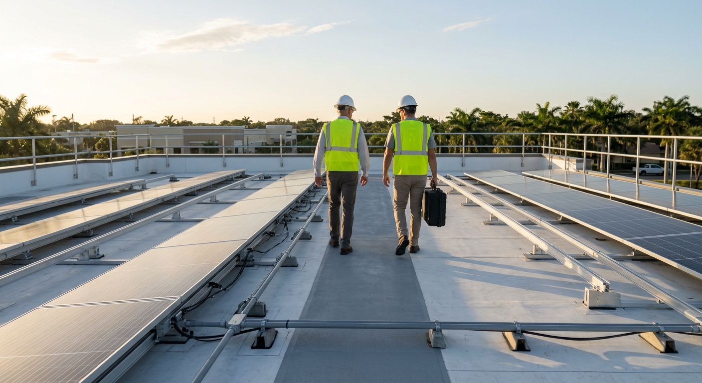 Facility director and solar technician, seen from behind, walking a maintenance path between rooftop solar rows on a Florida office building at golden hour