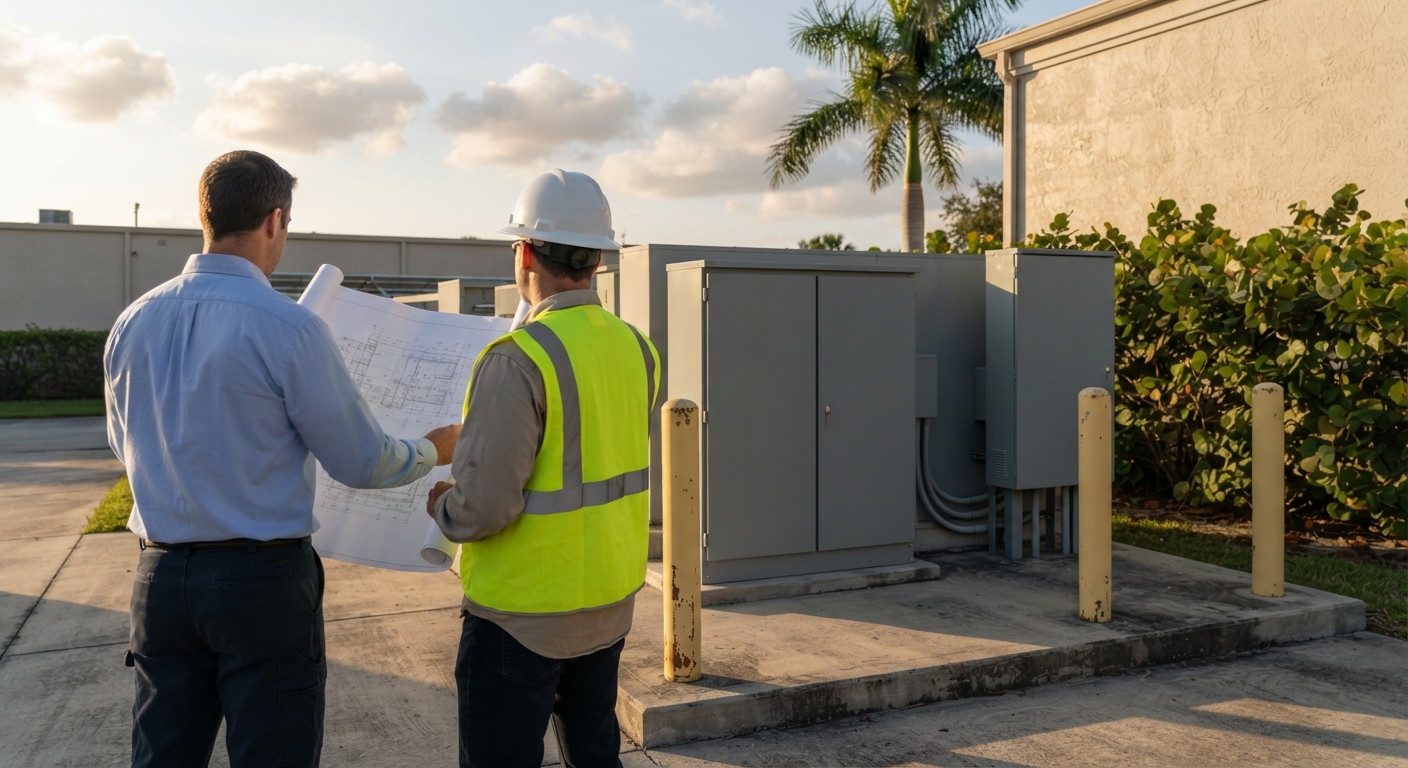 Facility manager and electrical engineer seen from behind reviewing paper drawings beside a battery storage enclosure and switchgear while planning solar plus battery backup
