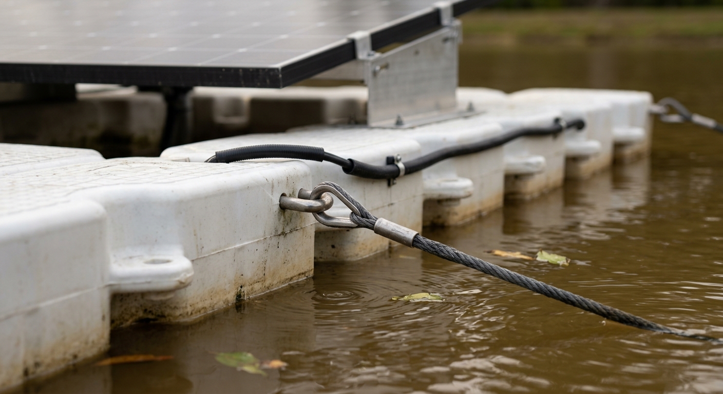 Close view of a mooring line shackled to the outer edge of a floating photovoltaic system, running down into the water toward its anchor
