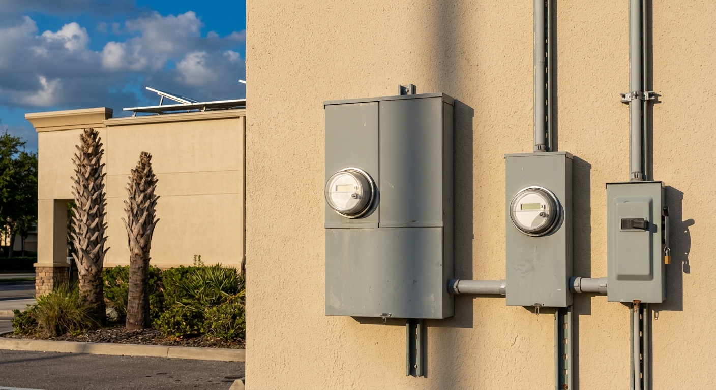 Lockable visible-blade AC disconnect mounted beside the utility meter on a Florida retail center wall, the switch FPL solar interconnection rules require for Tier 2 and Tier 3 systems.