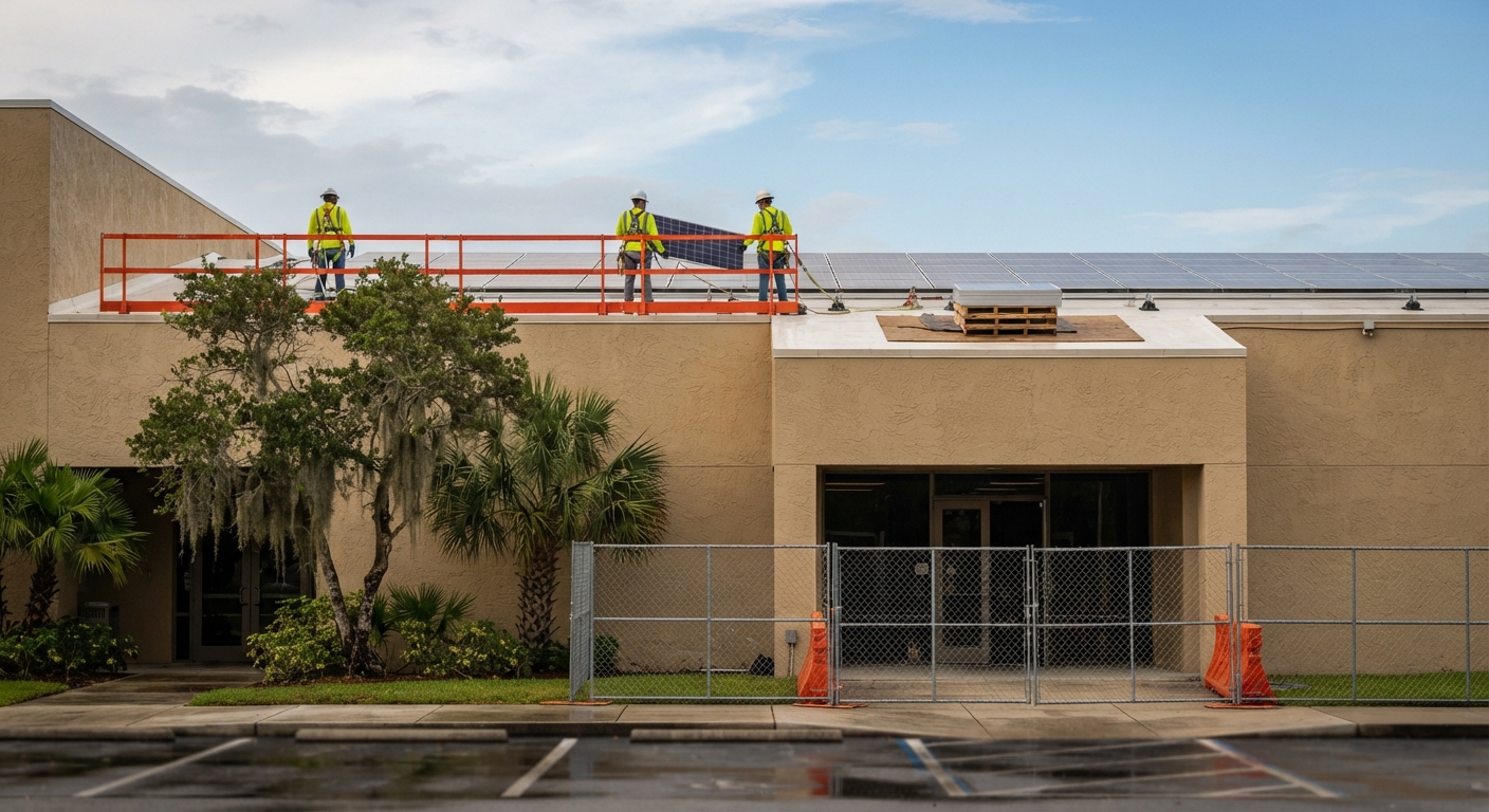 Installers tied off to roof anchors set solar modules on rails atop an open municipal library, with staging fenced away from the public entrance.