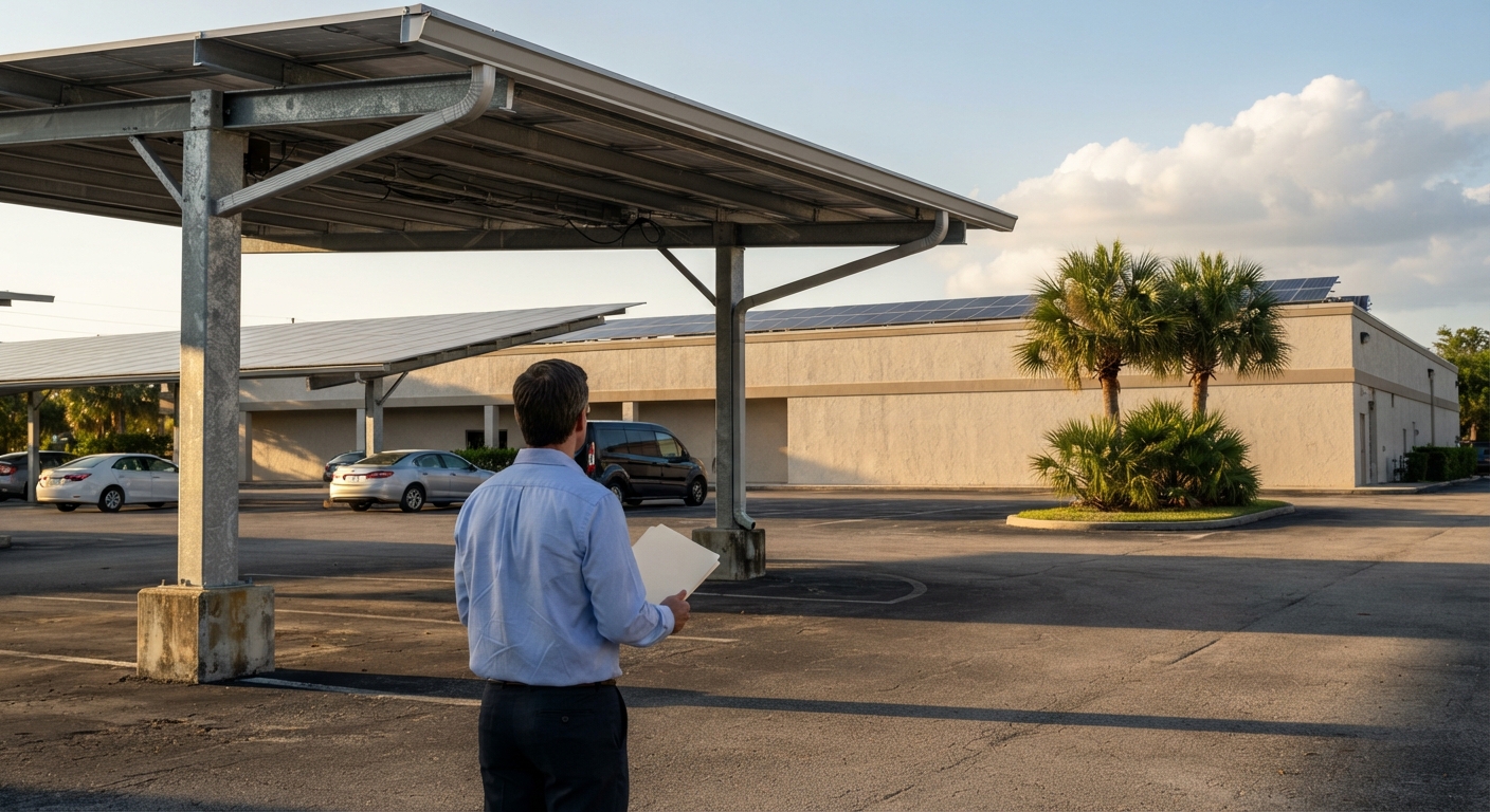 Aged white single-ply membrane with stained, lifting seams beside the edge of an existing rooftop solar array on a Florida commercial roof