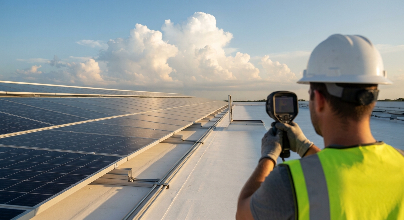 Technician holding a handheld thermal camera over a reinstalled rooftop solar array on a new white roof membrane during recommissioning after a commercial reroof