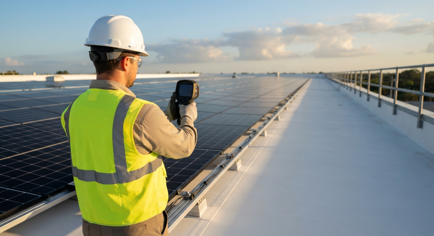 Technician holding a handheld thermal camera over rows of new rooftop solar modules during commissioning of a repowered array on a large Florida commercial roof