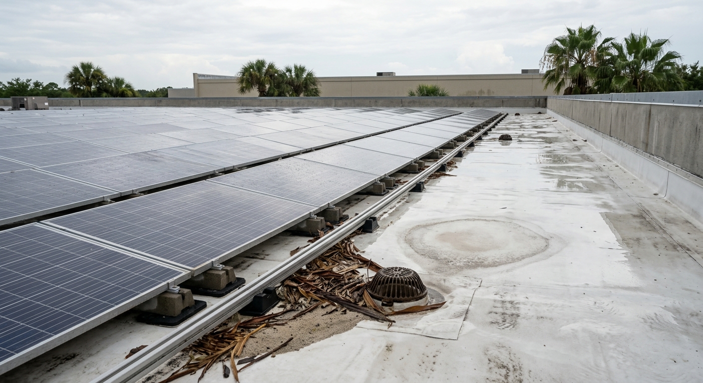 Weathered single-ply roof membrane with ponding stains and debris beside a rooftop solar array near a roof drain