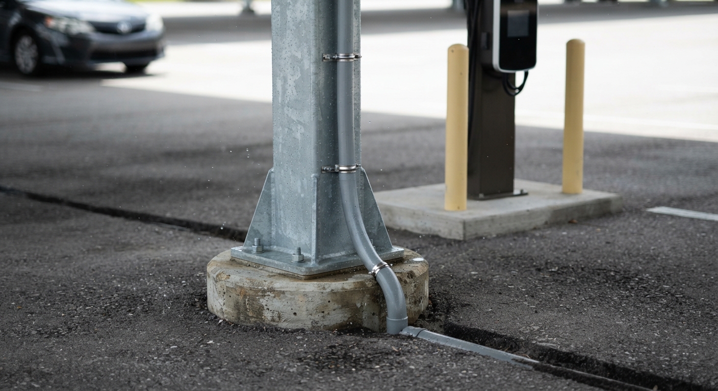 Conduit routed down a solar carport column to a bollard-protected EV charger pad, with the column's base plate on a concrete pier foundation