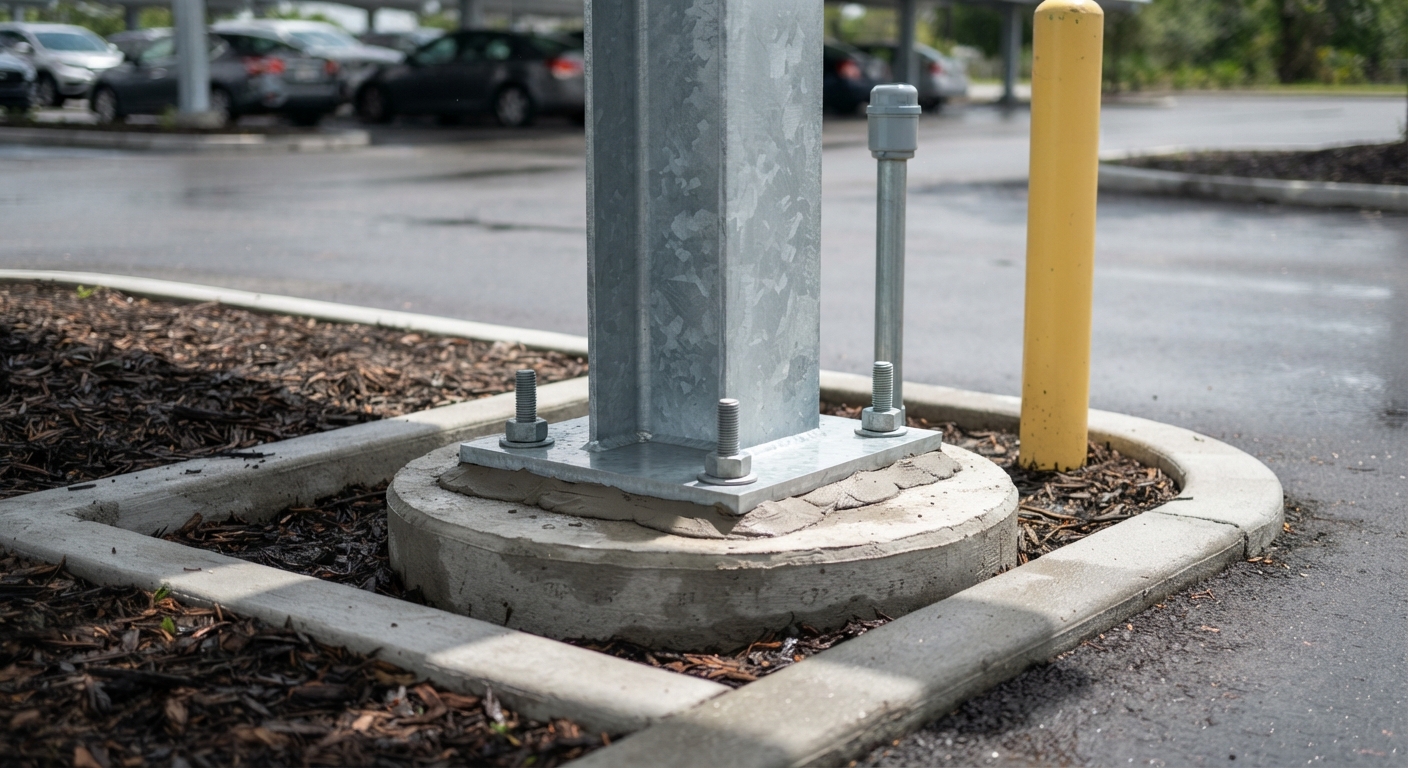 Galvanized steel solar carport column base plate bolted to a round concrete pile cap in a curbed Florida parking island