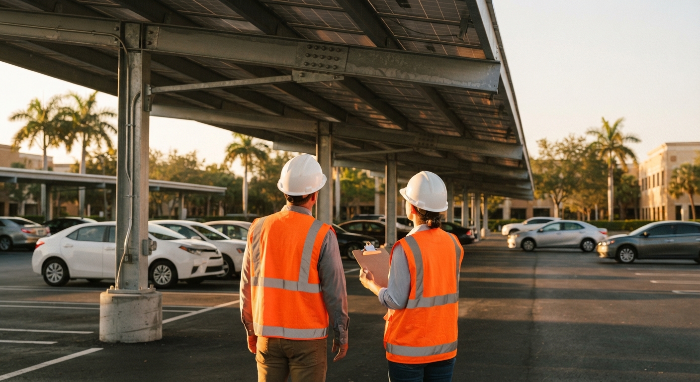 Facility manager and inspector beneath a South Florida solar carport canopy reviewing a bolted beam-to-column connection at golden hour