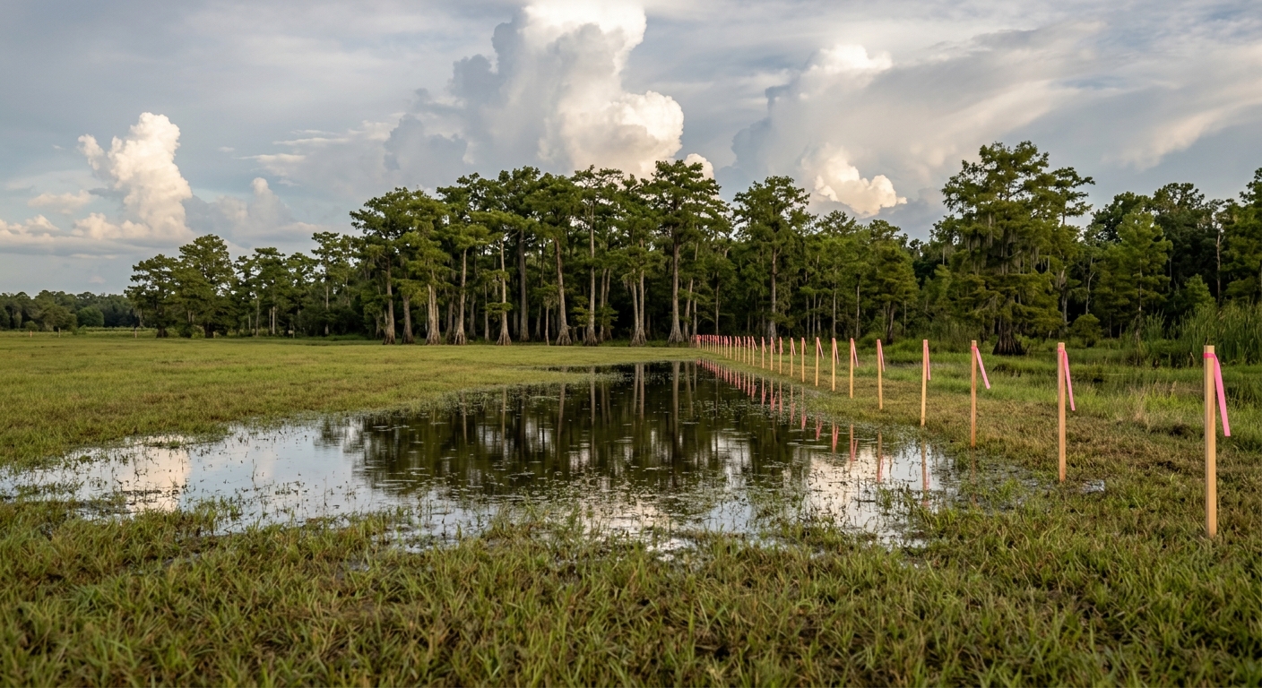 Standing summer rainwater in a low section of rural Florida pasture beside a cypress wetland edge, with survey stakes marking the boundary