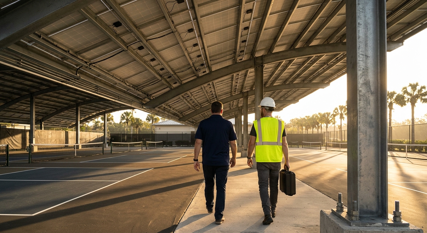 Facility manager and solar technician walking beneath a solar court canopy during an inspection at a Florida sports complex