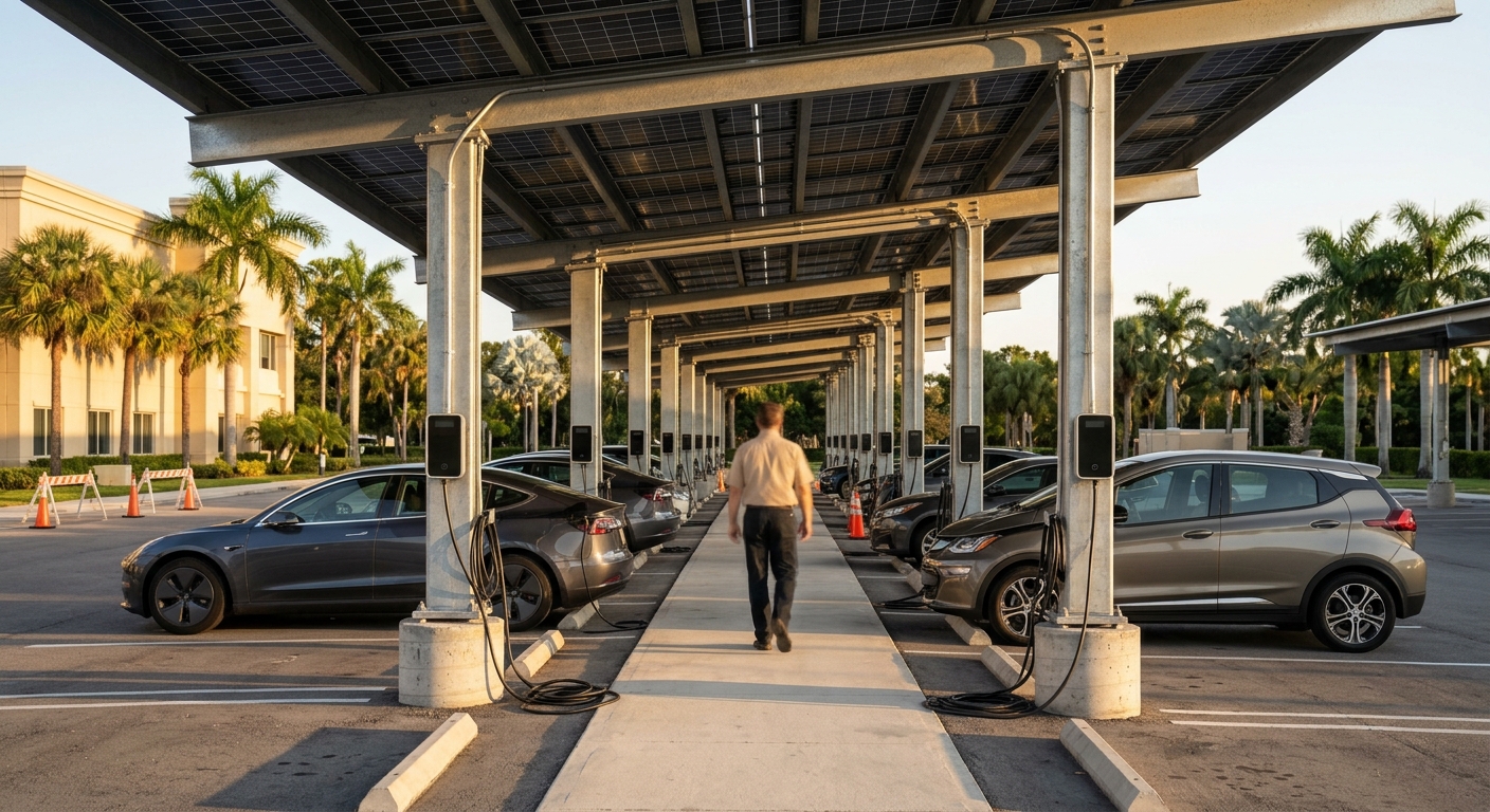 Facility manager walking past electric vehicles plugged into Level 2 workplace EV charging stations under a solar carport canopy at golden hour in Florida